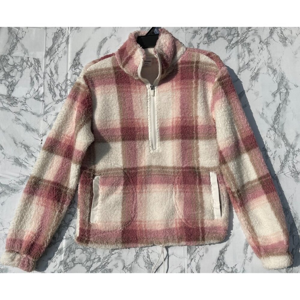 No Boundaries XS Pink Plaid 1/4 Zip Pullover 100% Recycled Polyester Soft & Cozy
